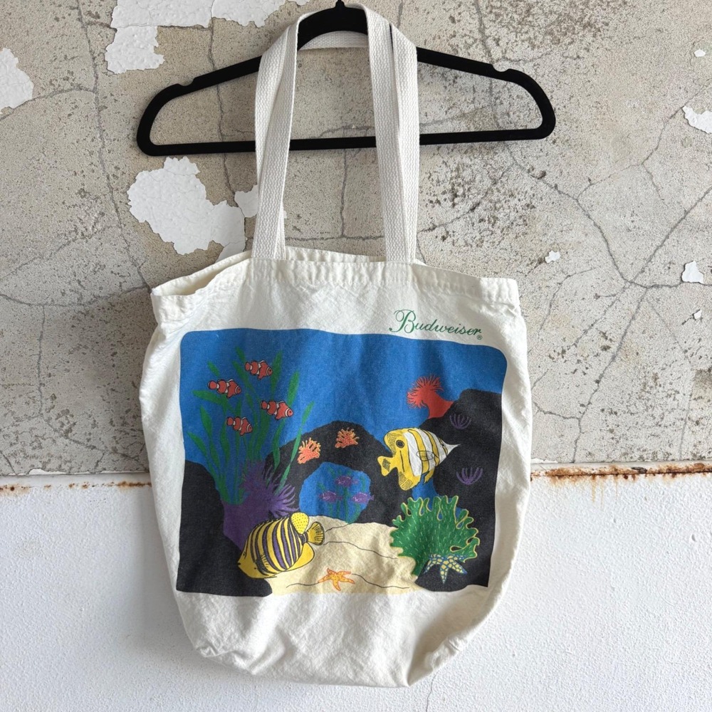 Vtg Budweiser Tote Bag Aquarium Tropical‎ Fish Graphic Canvas Shopper 90s Promo